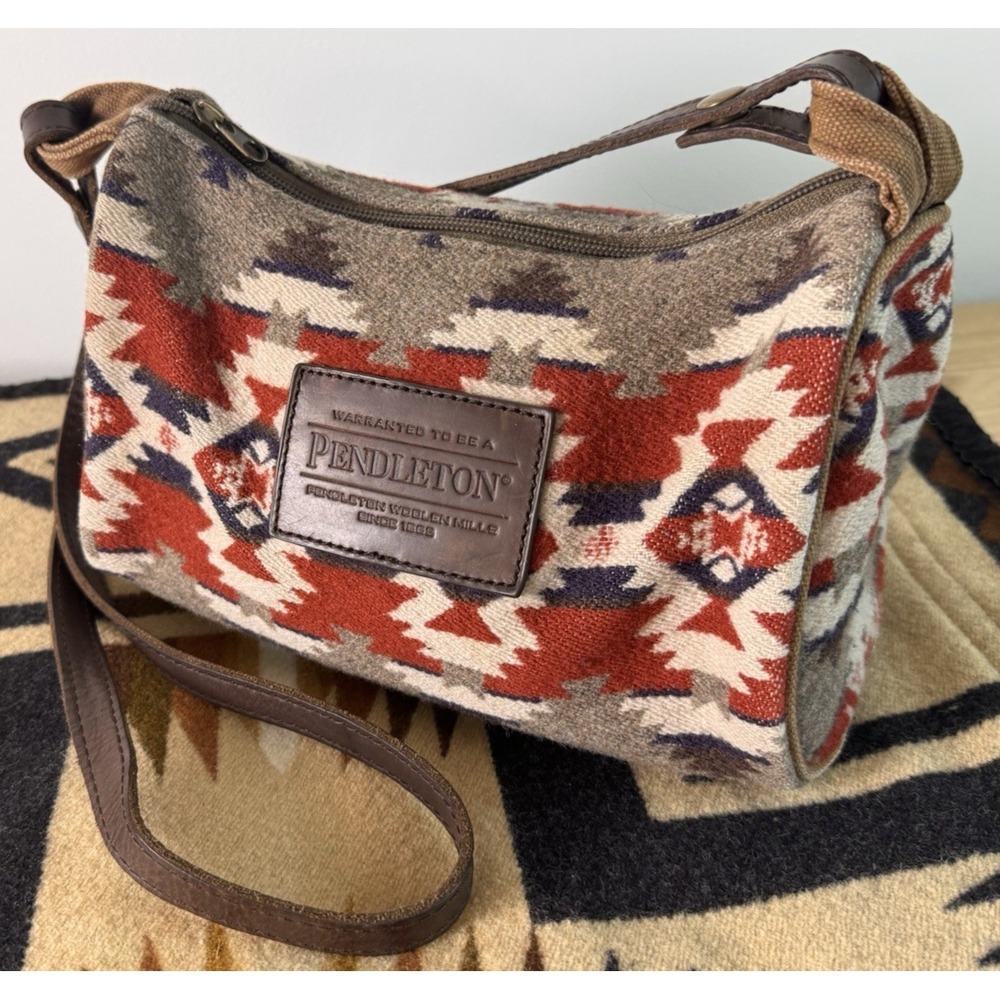 Pendleton Wool Crossbody Bag Southwest Aztec Print Leather Trim Shoulder Purse